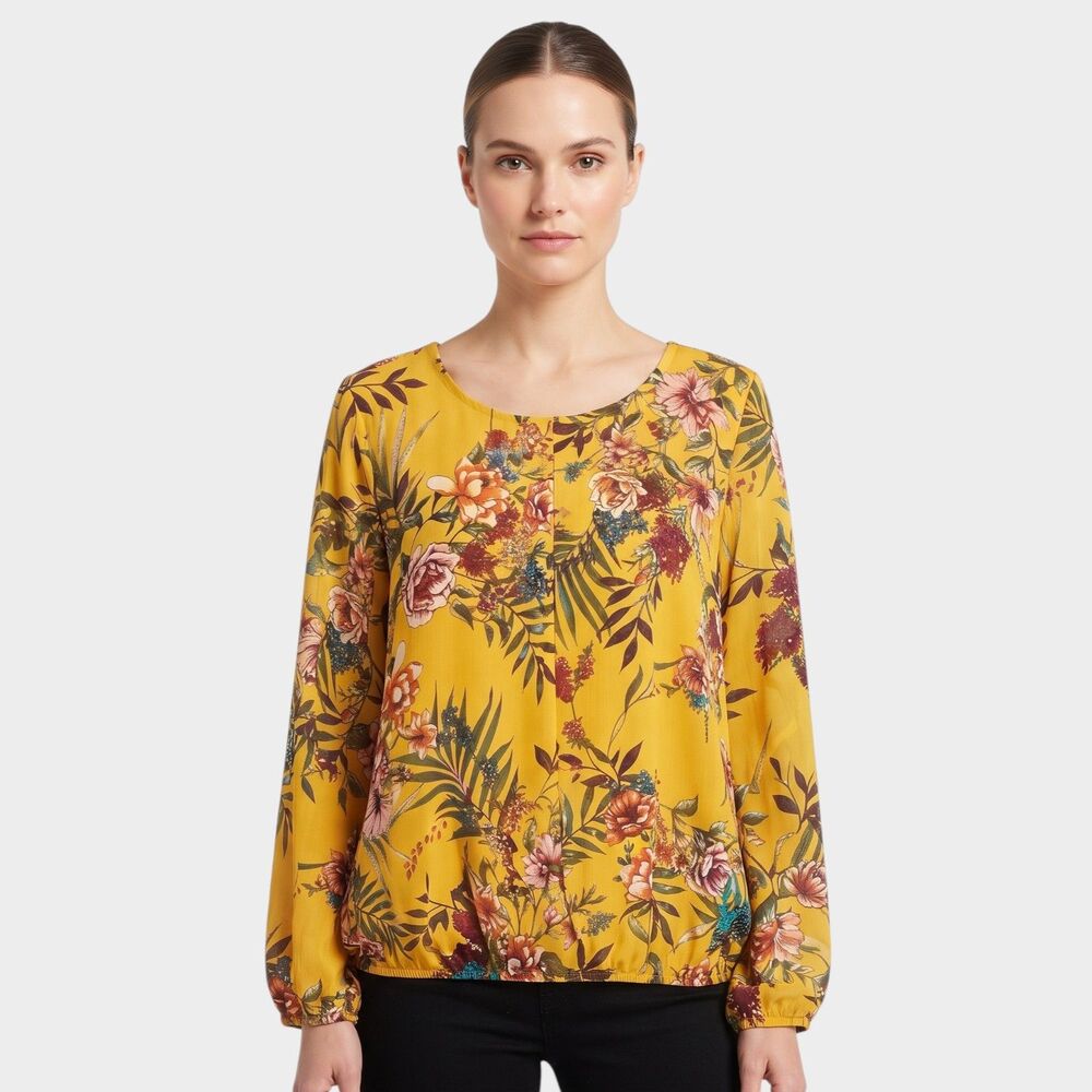 AGB Mustard Cold Shoulder Floral Blouse XL Yellow Boho Top Shirt Cute